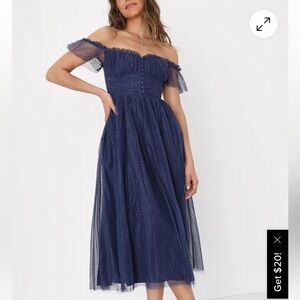Lulu's Navy Blue Swiss Dot Tulle Bustier Midi Dress